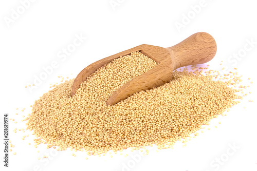 Amaranth seeds in wooden scoops isolated on white background