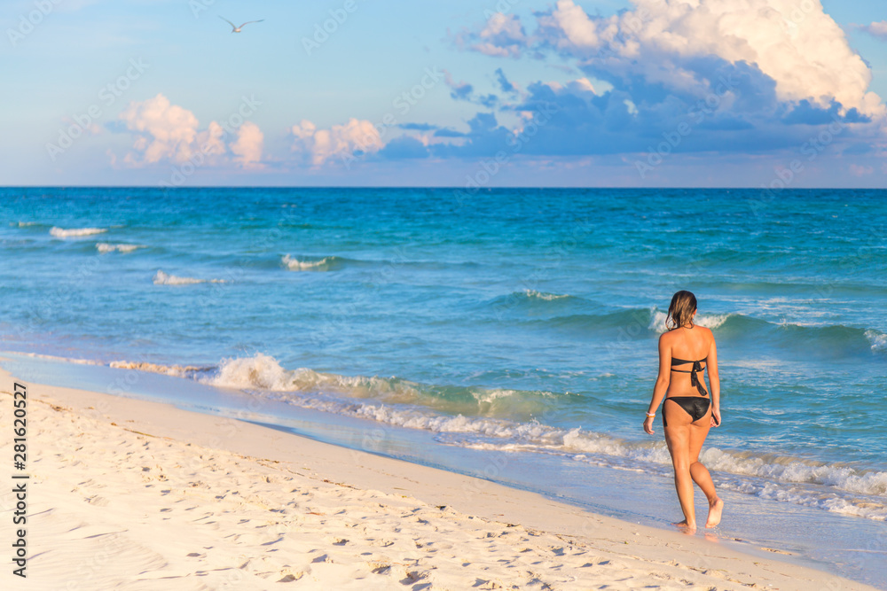 Summer vacation, tourism and relax concept. Young woman in bikini walking on exotic beach. Idyllic background. Summer vacation, tourism and relax concept. Young woman in bikini walking on exotic beach. Idyllic background.