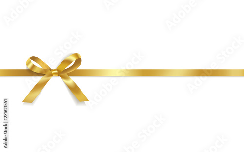 Golden satin bows with horizontal ribbon isolated on white background. Vector holiday decoration.