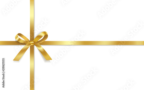 Golden satin bows with horizontal and vertical ribbons isolated on white background. Vector holiday decoration.