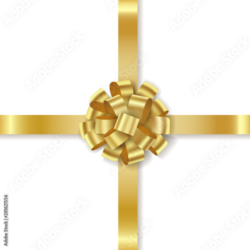 Golden curly gift bow with ribbons isolated on white background. Vector realistic element for design.
