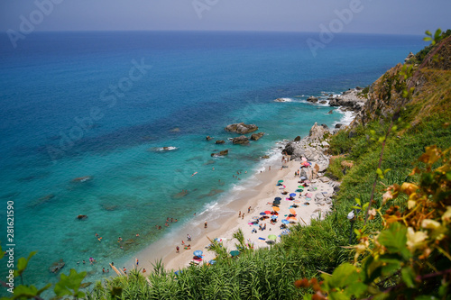 Panoramic view on turquoise sea of the mediterranean coast of the south of Italy