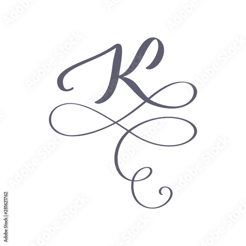 Vector Hand Drawn calligraphic floral K monogram or logo. Uppercase Hand Lettering Letter K with swirls and curl. Wedding Floral Design