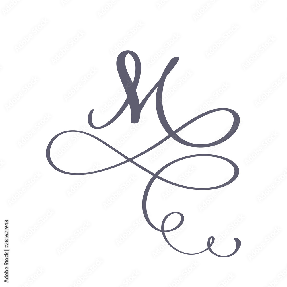 Vector Hand Drawn calligraphic floral M monogram or logo. Uppercase Hand Lettering Letter M with swirls and curl. Wedding Floral Design