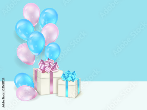 Holiday background with  gift boxes and balloons. Vector illustration.