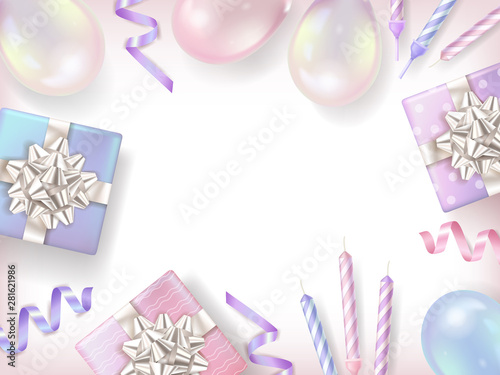 Holiday background with colorful gift boxes and balloons, confetti, candle. Vector illustration. Top view. 