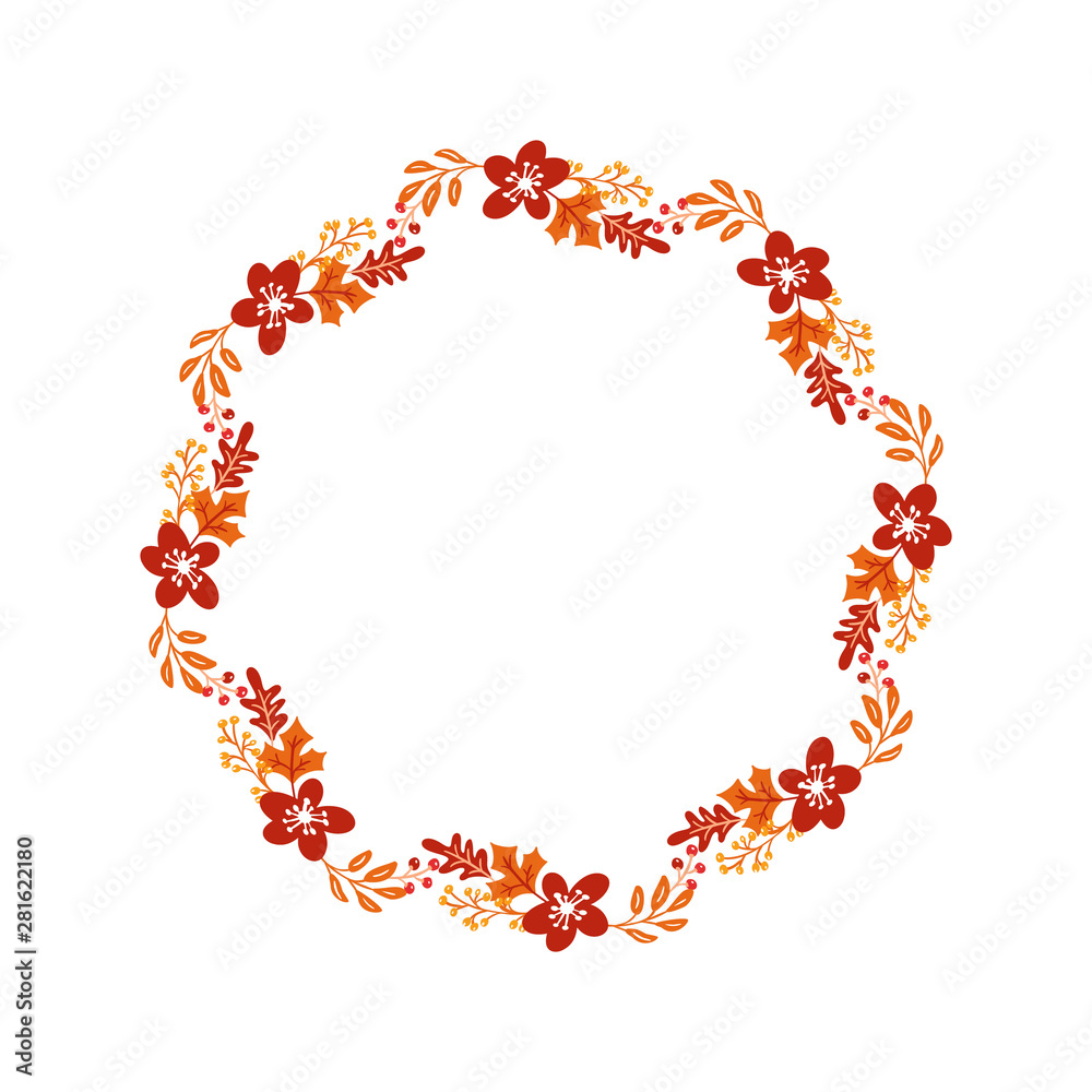 Vector frame autumn bouquet wreath. Orange leaves, berries isolated on white background. Perfect for seasonal holidays, Thanksgiving Day Vector frame autumn bouquet wreath. Orange leaves, berries isolated on white background. Perfect for seasonal holidays, Thanksgiving Day