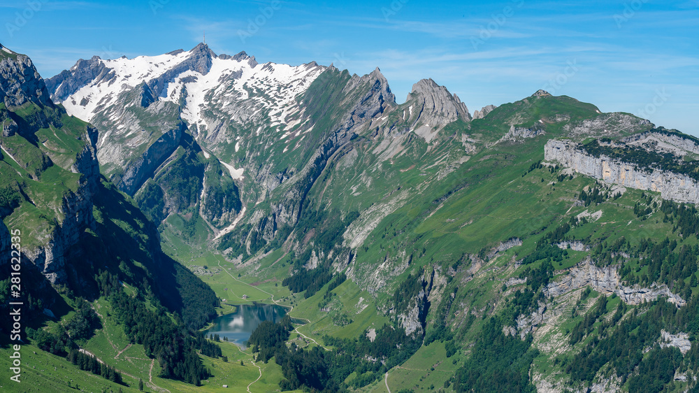 Fototapeta premium Switzerland, Panoramic view on Santis, EbenAlp and Berggasthaus Schäfler