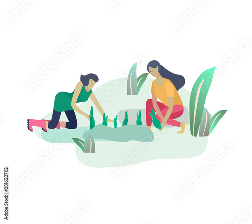 Harvesting and gardening people doing farming and garden job, pick berries, remove weeds, watering, planting, growing and transplant sprouts, lay ripe vegetables to box. Reaping crop