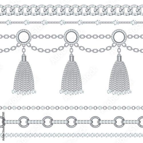 Set collection of silver metallic chain borders with gemstones and tassels. On white. Vector illustration