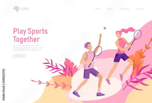 landing page template with Happy Lover Relationship, scenes with romantic couple walking outdoor, playing tennis. Characters Valentine day Set. Colorful illustration