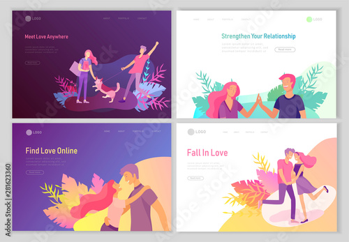 landing page template with Happy Lover Relationship, online dating scenes with romantic couple kissing, hugging, walking. Characters Valentine day Set. Colorful vector illustration