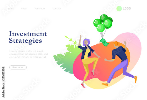 Landing page template Happy people with money, characters in move make money. Business investment, money rain, men and woman run with profit, catch bills. Cartoon style, flat vector illustration
