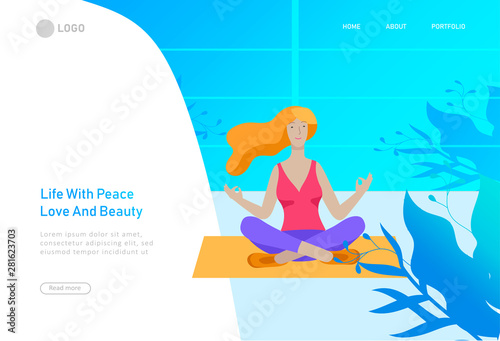 Web page design template with woman meditate, sitting in yoga posture at home and at outdoor. Practice yoga lesson on nature. Mental health concept. Vector illustration cartoon