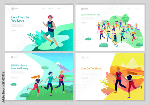 Landing page template with running group People, man doing workout, couple running on sunset. Healty life concept. People performing sports outdoor activities. Cartoon illustration