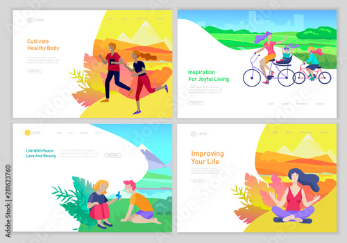 Landing page template with couple running on sunset, children girl and boy see a butterfly, mother riding bicycles with child, woman doing yoga. Outdoor activities concept. Cartoon illustration