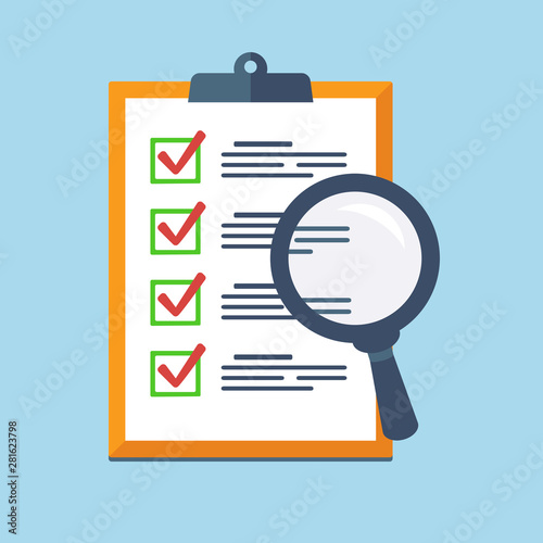 Search Icon on a report board, Audit review, Check List Icon.