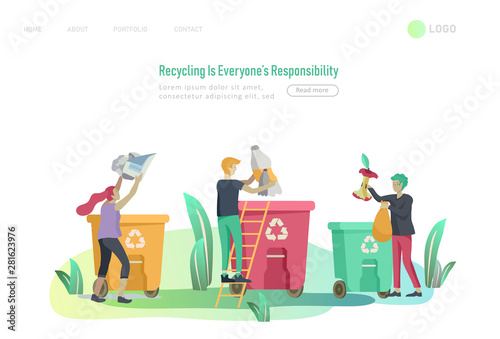 Landing page template with people Recycle Sort Garbage in different container for Separation to Reduce Environment Pollution. Family with kids collect garbage. Earth Day vector cartoon illustration