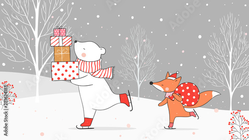Draw polar bear holding gifts and fox with bag gift in snow.