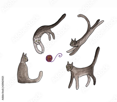 Four black cats and a red ball. Watercolor hand drawn illustration. Isolated on white background. Art elementsfor design. photo