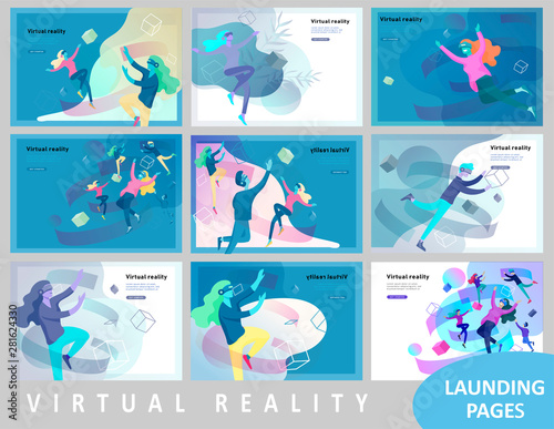 Landing page template set. Man and woman wearing virtual reality headset and looking at abstract sphere. Colorful vr world. Virtual augmented reality glasses concept with people learning and