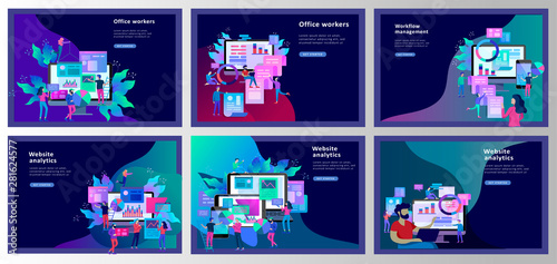 Concept illustration of business, office workers analysis of the evolutionary scale, SEO, market research Web site coding, internet search optimization. Landing page template, social media