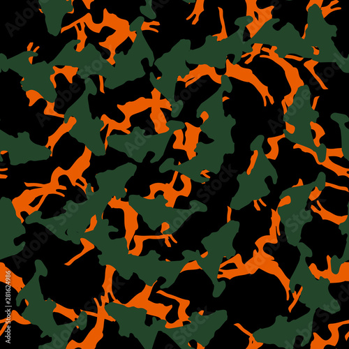 Urban UFO camouflage of various shades of black, orange and green colors