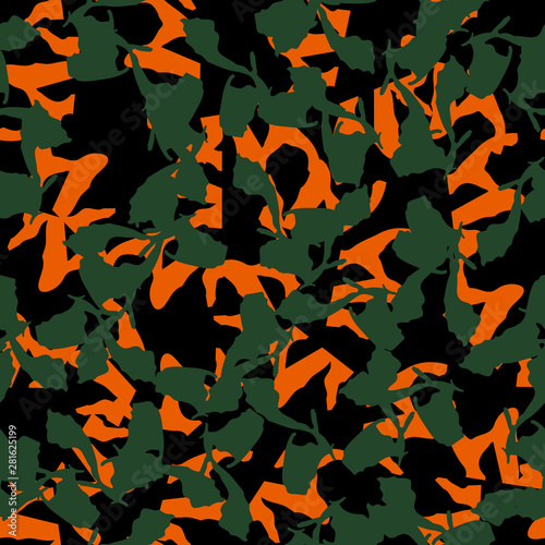 Urban UFO camouflage of various shades of black, orange and green colors