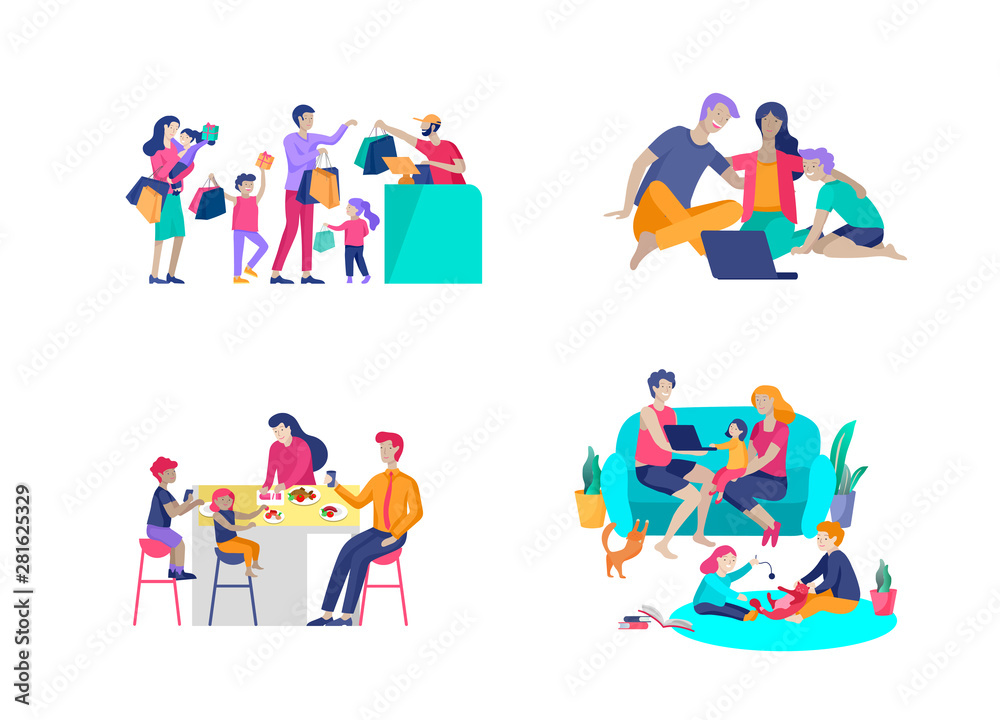 Collection of family hobby activities. Mother, father and children  shopping, relaxing at home, watching a movie on laptop, having dinner  together. Cartoon vector illustration Stock Vector | Adobe Stock