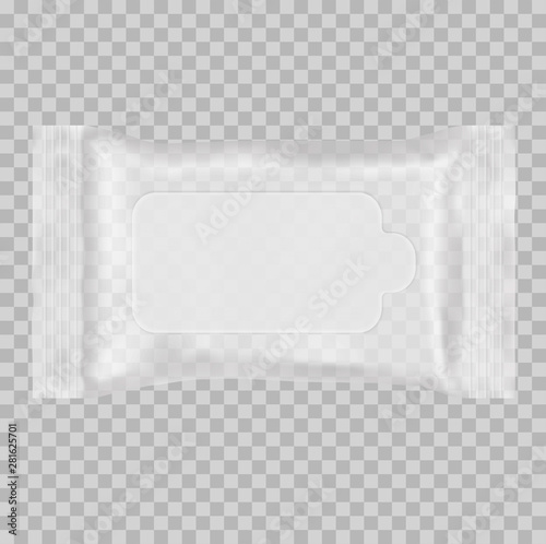 Vector realistic 3D package with flap on transparent background. plastic or polypropylene package. ready template wet wipes for your design, presentation, advertising, promo. EPS 10. Horizontal.