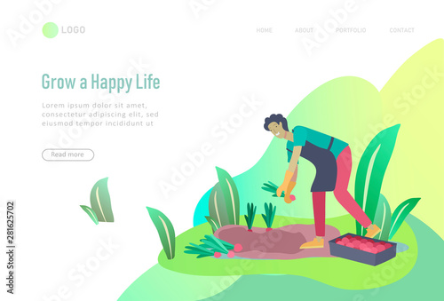 landing page template Harvesting and gardening people, woman and man doing farming and garden job, planting, lay ripe vegetables to box. Reaping crop concept
