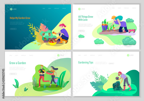landing page template with happy Harvesting tips and gardening people doing farming job, grow garden, watering, planting, growing and transplant sprouts, lay vegetables. Cartoon character illustration