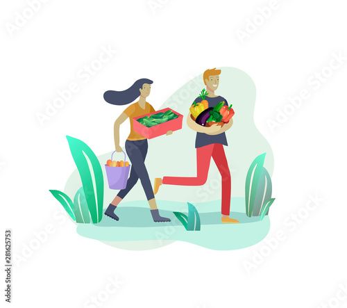 Harvesting and gardening people man and woman doing farming and garden job, pick berries, remove weeds, watering, planting, lay ripe vegetables to box. Reaping crop concept