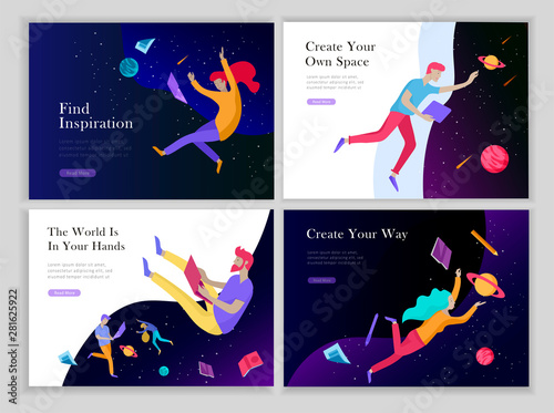 landing page templates set. Inspired People flying. Create your own spase. Characters moving and floating in dreams, imagination and freedom inspiration design work. Flat design style