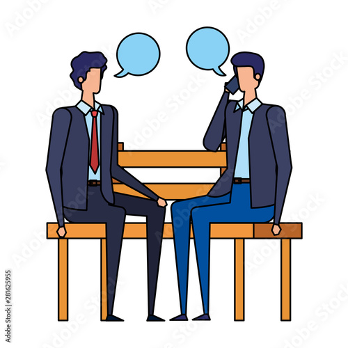 businessmen calling in the park chair and speech bubbles
