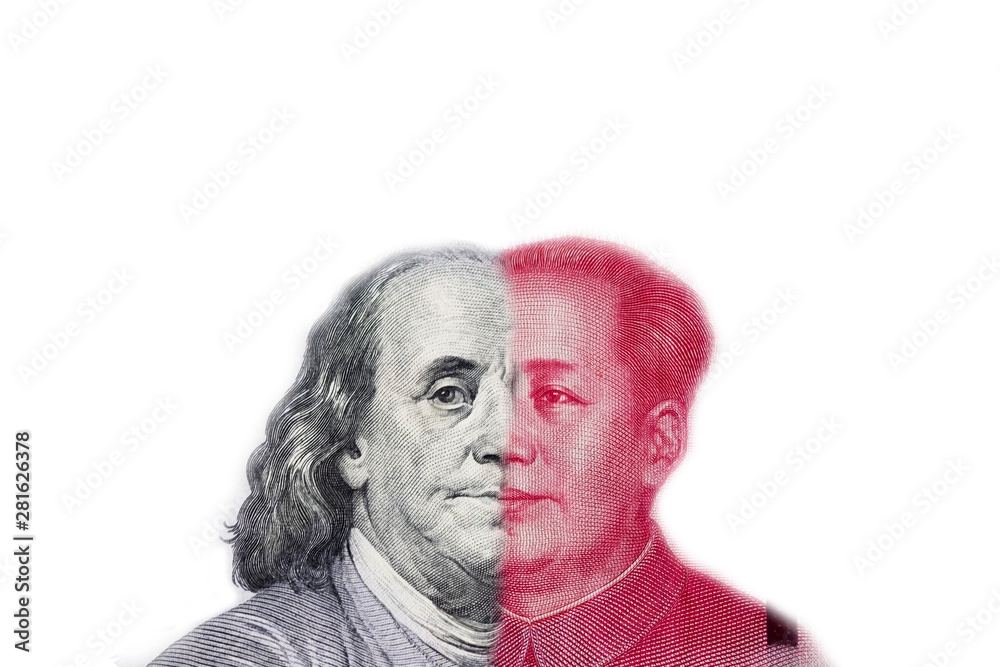 Obraz premium Face to face to Benjamin Franklin and Mao Tse tung for symbol of economic tariff trade war between USA and China.