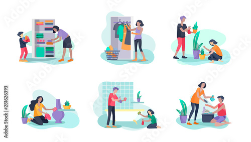 Scenes with family doing housework, kids helping parents with home cleaning, washing dishes, fold clothes, cleaning window, carpet and floor, wipe dust, water flower. Vector illustration cartoon style