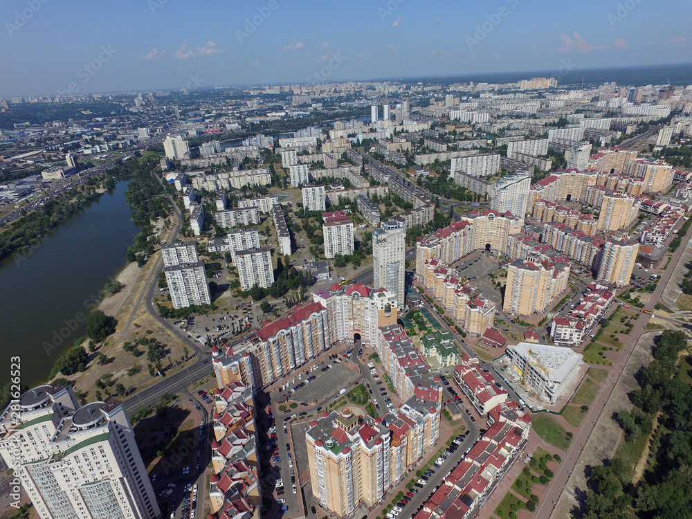 Modern residential area of Kiev at summer time (drone image).