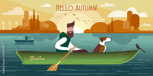 Young man with a dog in a boat. Vector illustration of autumn fishing
