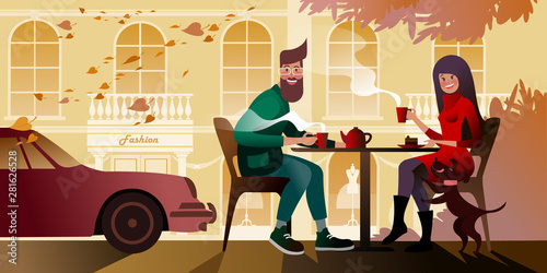 Young couple drinking tea on the autumn terrace of the city cafe. City street scene. Vector illustration