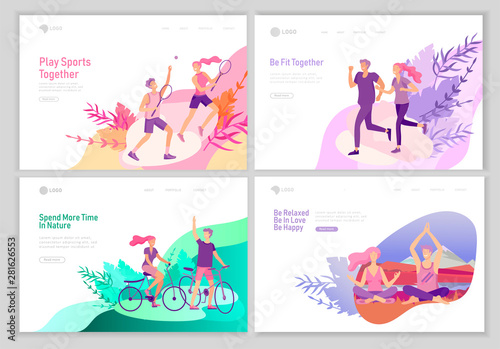 landing page template with Happy Lover Relationship, scenes with romantic couple walking outdoor, playing tennis, doing yoga, running, ride a bike. Characters Valentine day Set. Colorful illustration