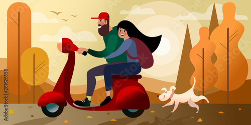 Autumn scooter trip with a girl. City street scene. Vector illustration.