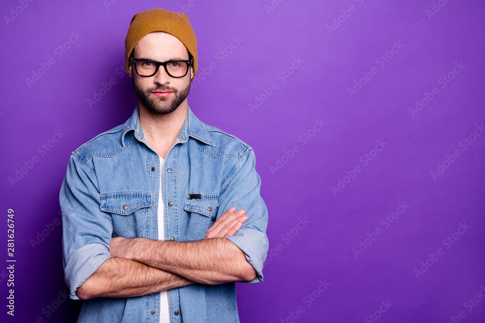 Portrait of his he nice attractive content virile calm peaceful bearded guy folded arms copy space isolated over bright vivid shine violet lilac purple background