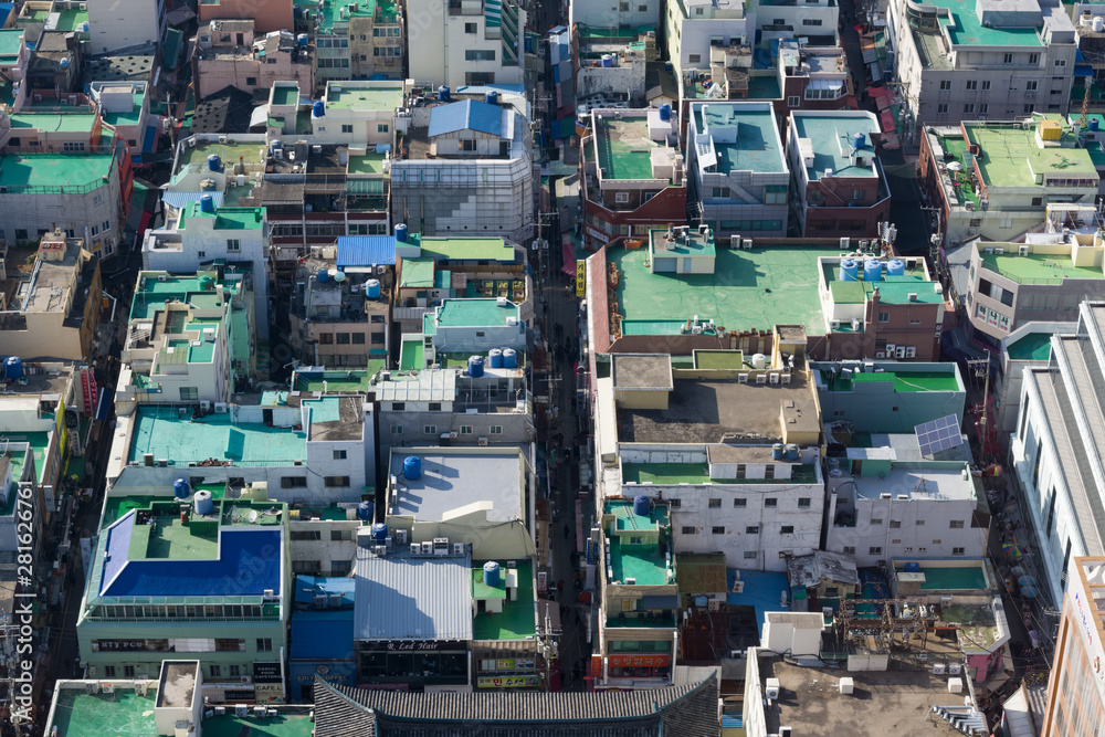 Busan, Korea, 12/22/2018 , View of the old city from the view tower. Street market seen from top. Busan, Korea, 12/22/2018 , View of the old city from the view tower. Street market seen from top.