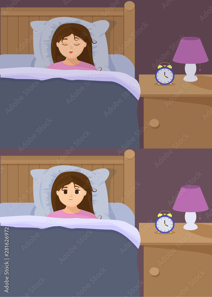 Vector illustration in flat cartoon style with sad sleepless woman and  sleeping girl in bed. Female insomniac trying to fall asleep. Problem of  sleeplessness, nightmares, sleep disorder. Stock Vector | Adobe Stock