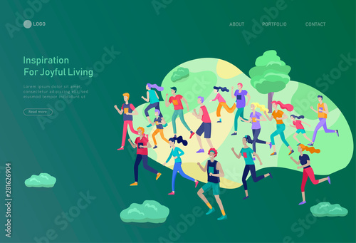 Landing page template with running group People, man doing workout, couple running. Healty life concept. People performing sports outdoor activities. Cartoon illustration