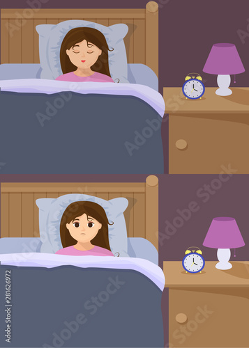 Vector illustration in flat cartoon style with sad sleepless woman and sleeping girl in bed.  Female insomniac trying to fall asleep. Problem of sleeplessness, nightmares, sleep disorder.