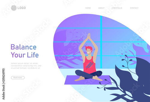 Web page design template with man meditate, sitting in yoga posture at home and at outdoor. Practice yoga lesson on nature. Mental health concept. Vector illustration cartoon