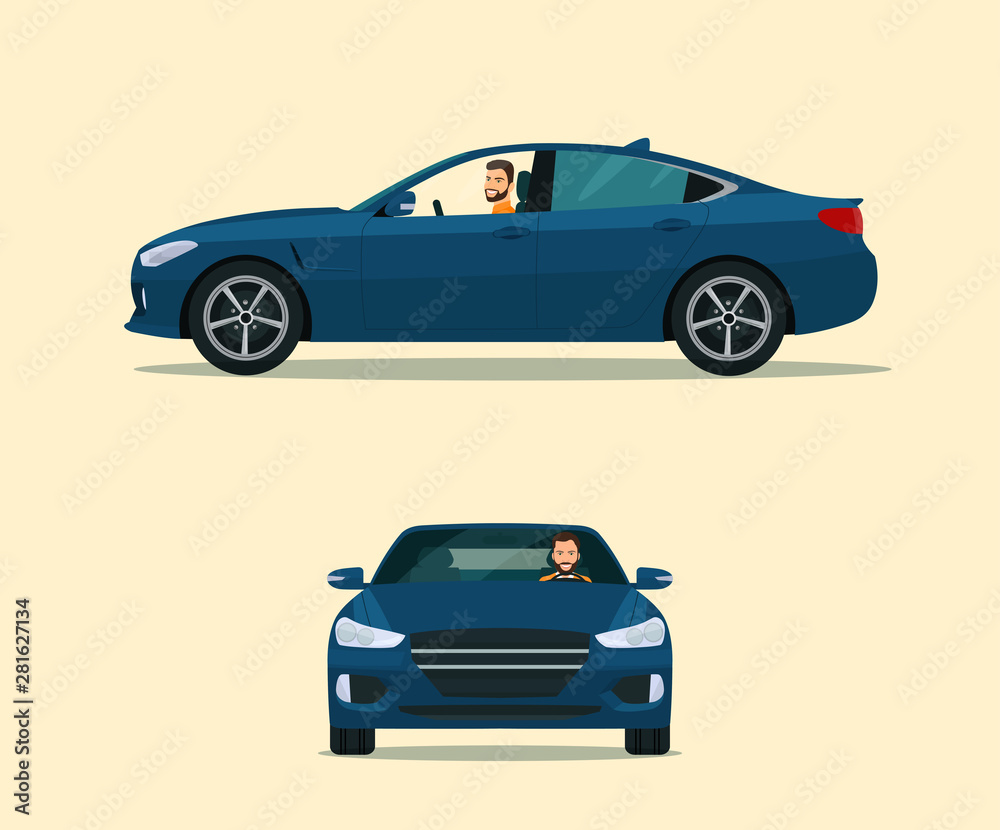 Sedan car two angle set. Car with driver man side view and front view. Vector flat style illustration.