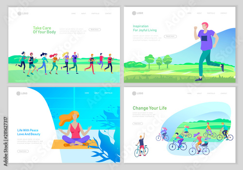 Landing page template with running group people, girl doing yoga workout, man run, group cycling. Healty life concept. People performing sports outdoor activities at Nature. Cartoon illustration